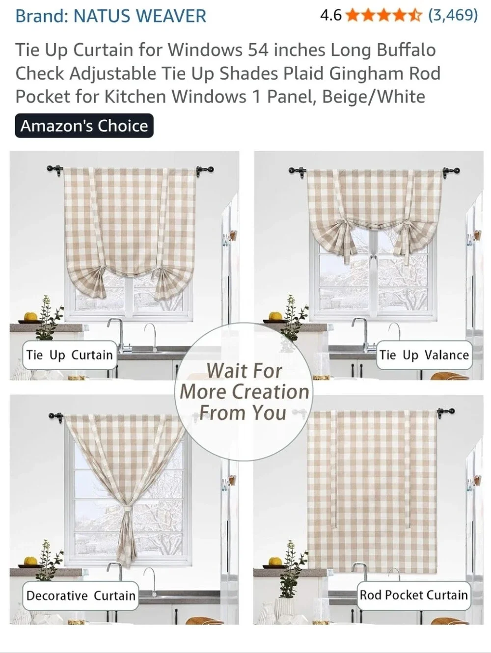 Beige/White Buffalo Check Tie-Up Curtain and Bear Curtain Rods